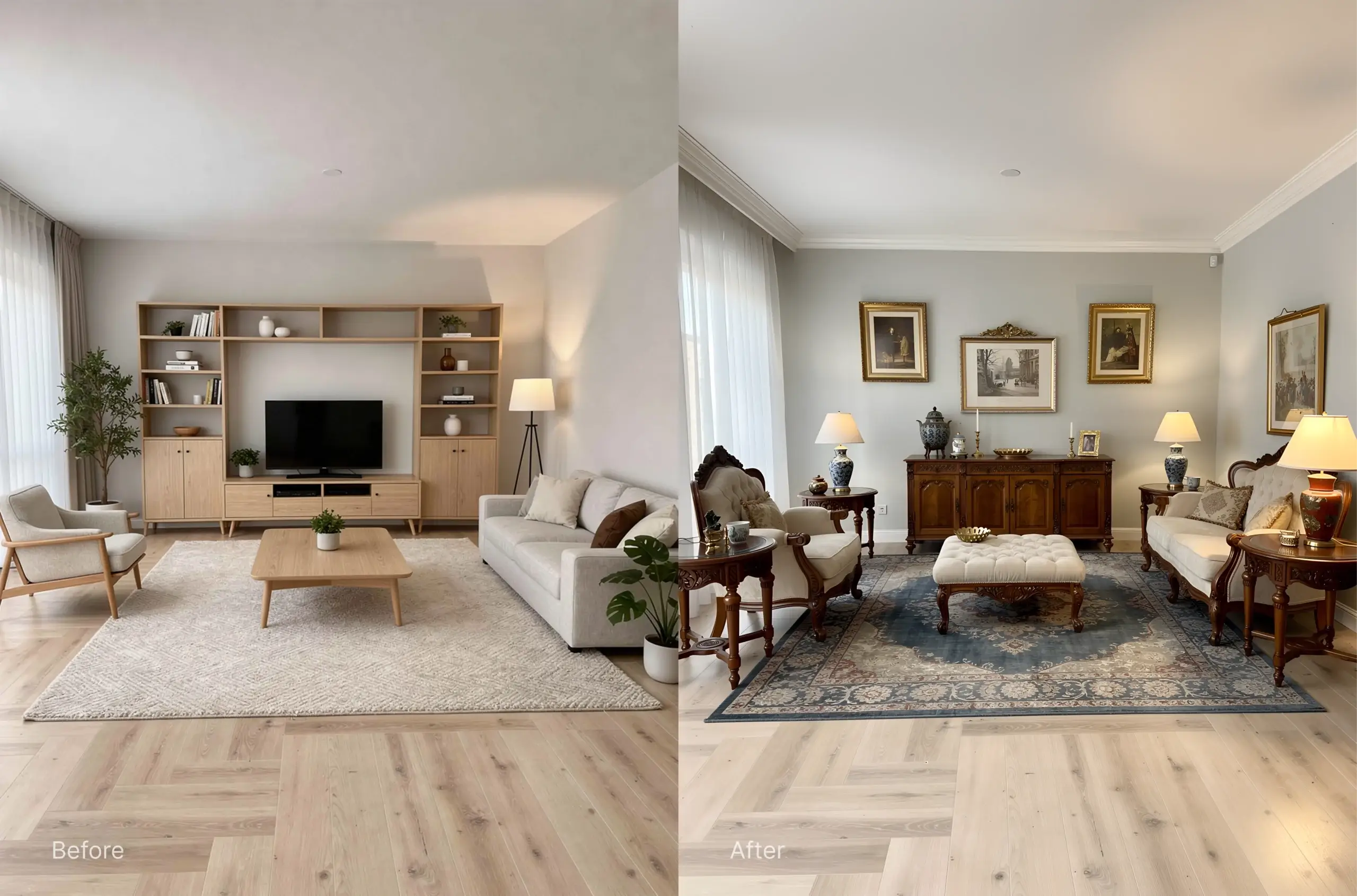 Before and after AI living room redesign transforming a Scandinavian style room into a Traditional classic Interior with dark wood furniture an ornate rug
