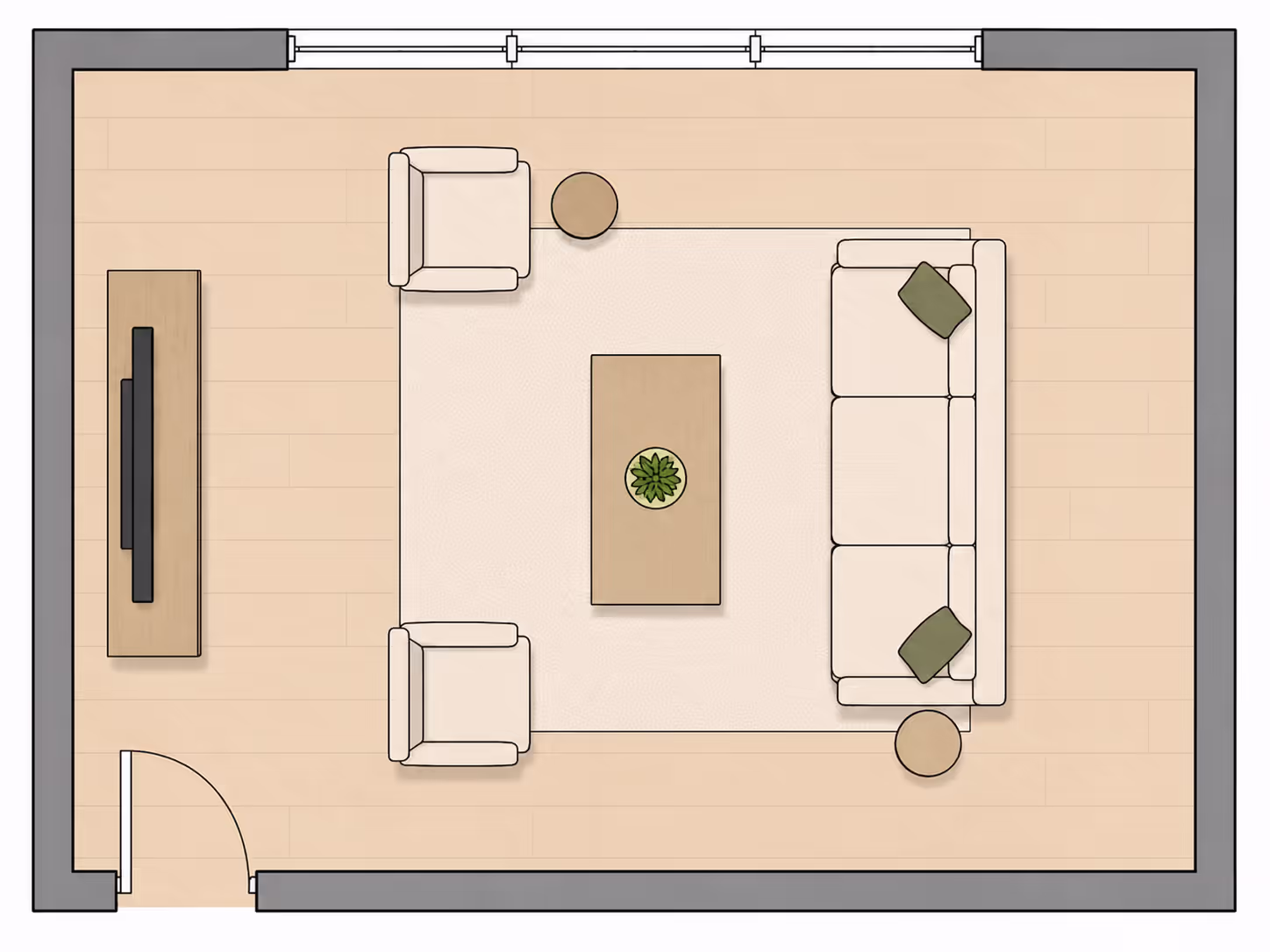 top-down 2D floor plan of a small rectangular living room with an L-shaped sectional sofa in the left corner, centered coffee table, and TV console on the right wall