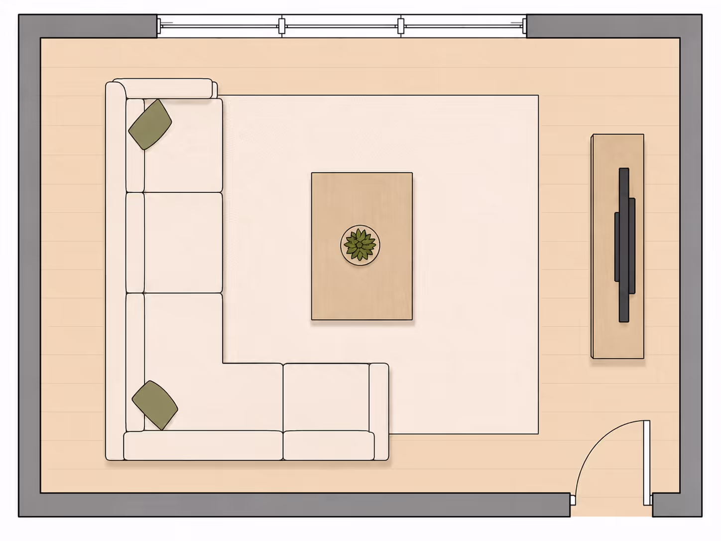 Top-down 2D floor plan of a small rectangular living room with a sofa on the right wall, two armchairs opposite, and a TV console on the left wall