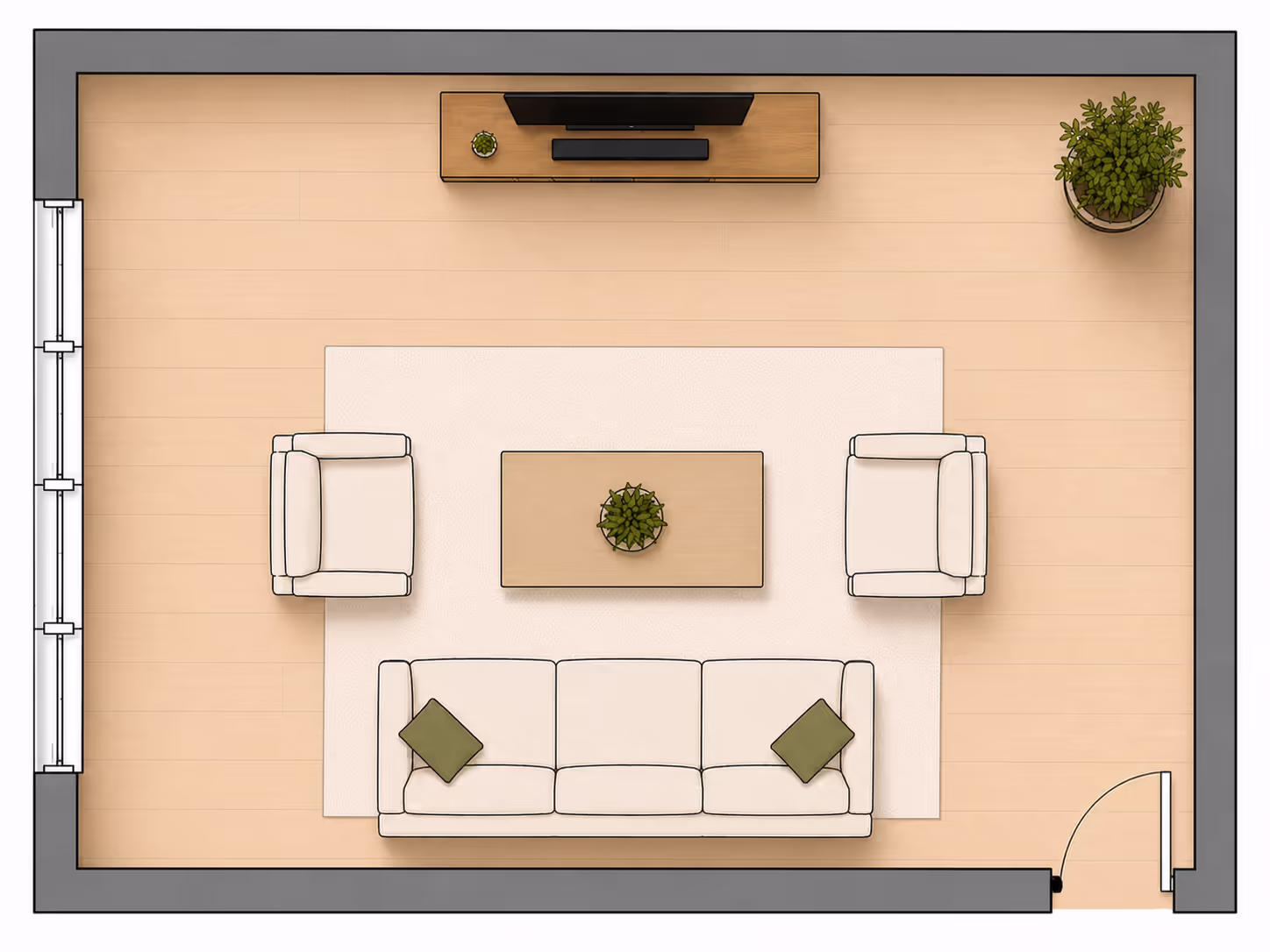 Top-down 2D floor plan of a small rectangular living room with a sofa on the bottom wall, two armchairs on either side of a centered coffee table, and a TV console on the top wall 