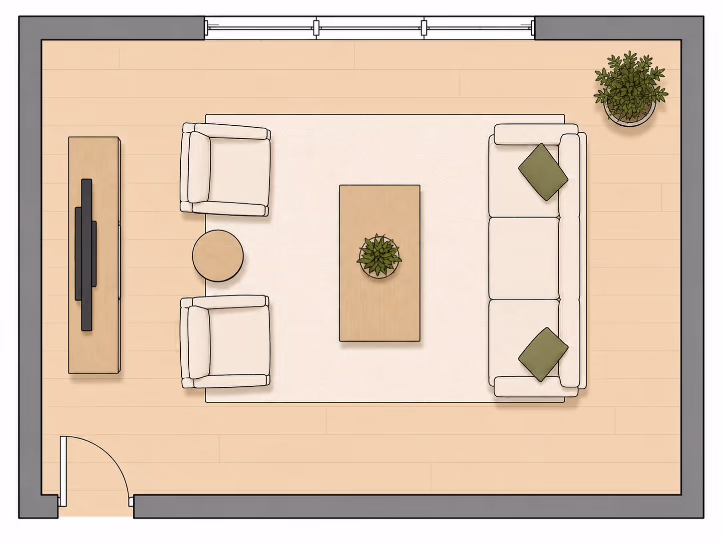 living room layouts: Top-down 2D floor plan of a small rectangular living room with a sofa on the right wall facing two armchairs on the left, centered coffee table, and TV console behind the chairs