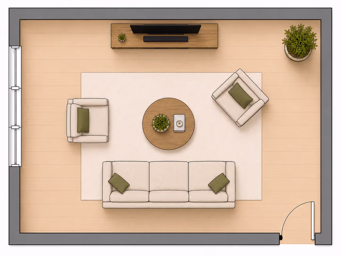 Top-down 2D floor plan of a small rectangular living room with a sofa on the bottom wall, one armchair on the left and another angled in the top-right corner, round coffee table in the center, and TV console on the top wall