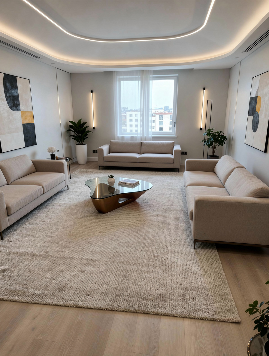 Modern living room with neutral sofas, minimalist decor, abstract artwork, and sculptural coffee table
