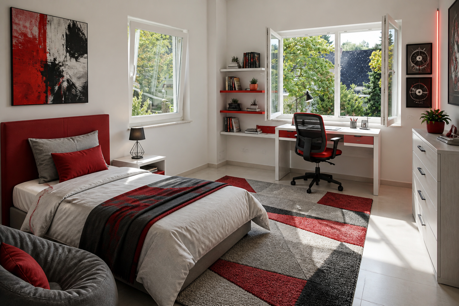 Modern bedroom with red and gray color palette, workspace desk, wall shelves, and large sunlit windows