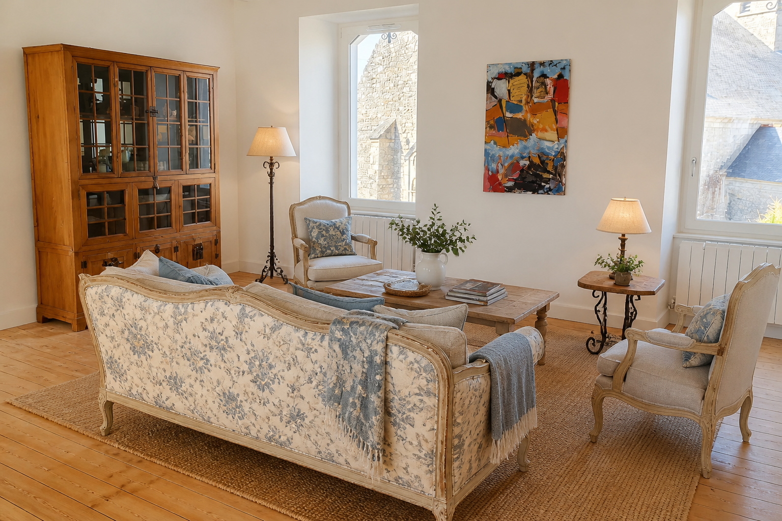 French country living room with floral sofa, classic armchairs, natural wood furniture, and warm neutral decor