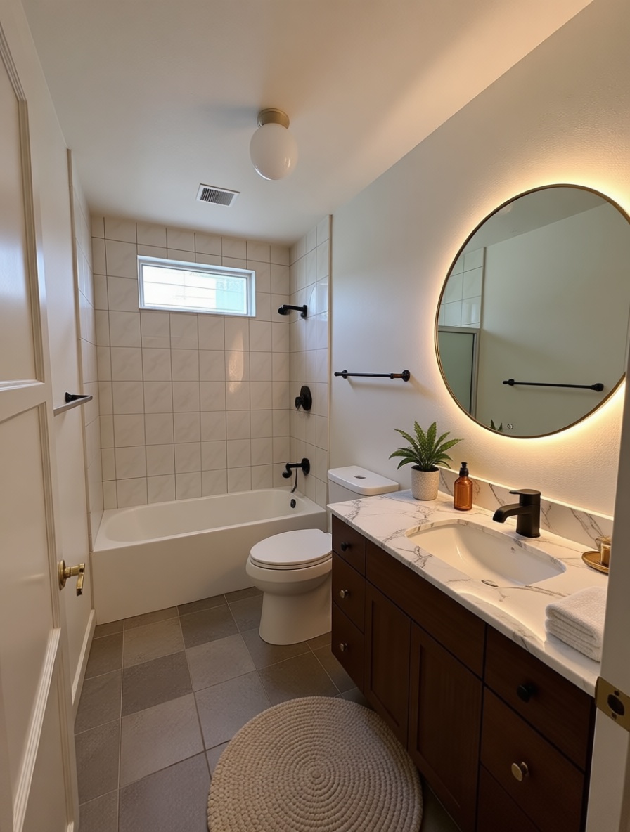 Modern bathroom with white tiled shower, dark wood vanity, marble countertop, round backlit mirror, matte black fixtures, neutral tones, and a cozy, clean atmosphere.