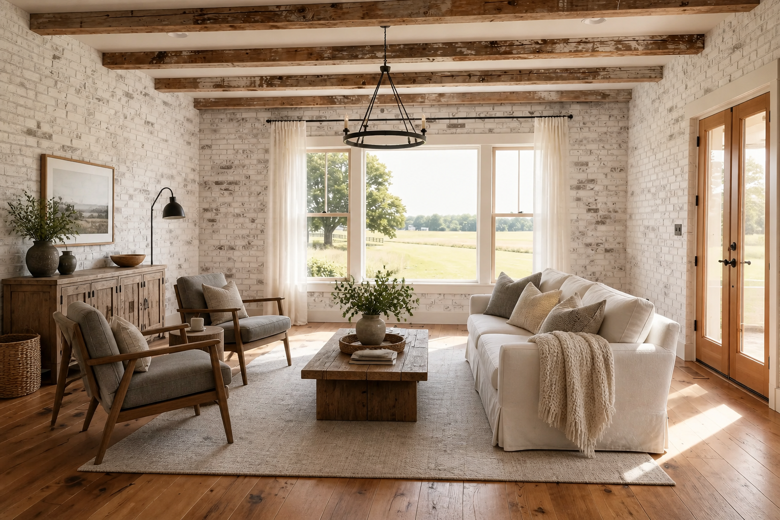 Rustic living room with exposed wood beams, white brick walls, neutral seating, and natural wood furniture