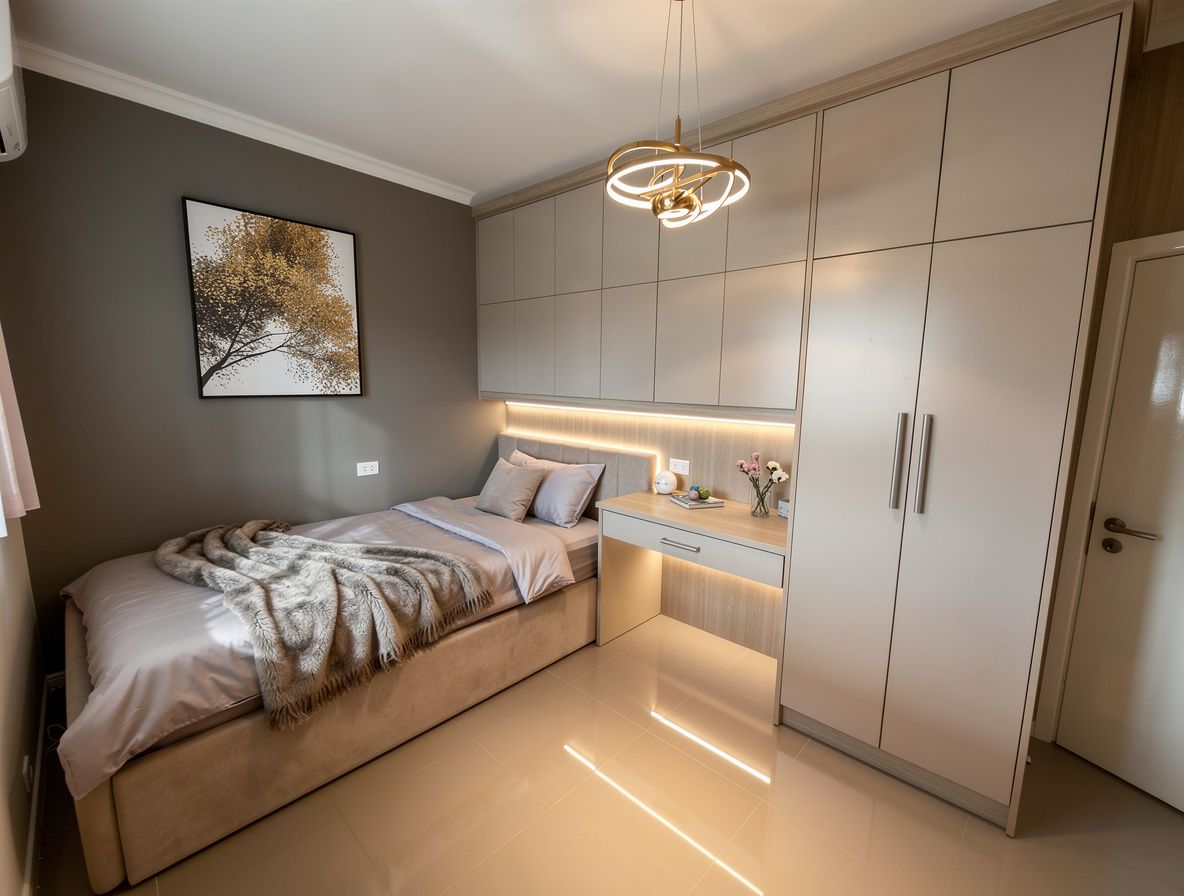Modern teen bedroom with built-in wardrobe, neutral palette, ambient lighting, and integrated study area