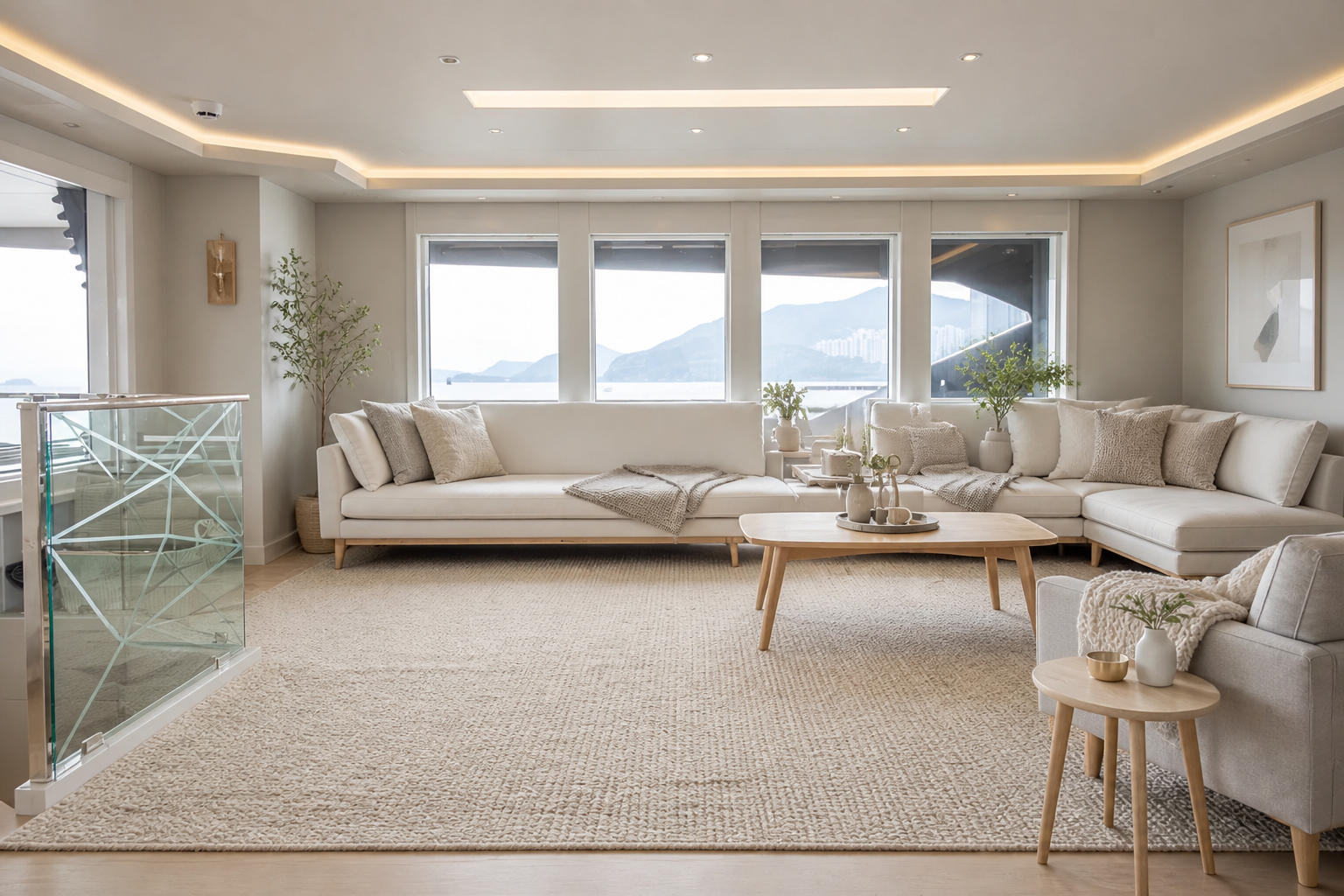 Scandinavian living room with neutral sectional sofa, textured rug, light wood tables, and large windows