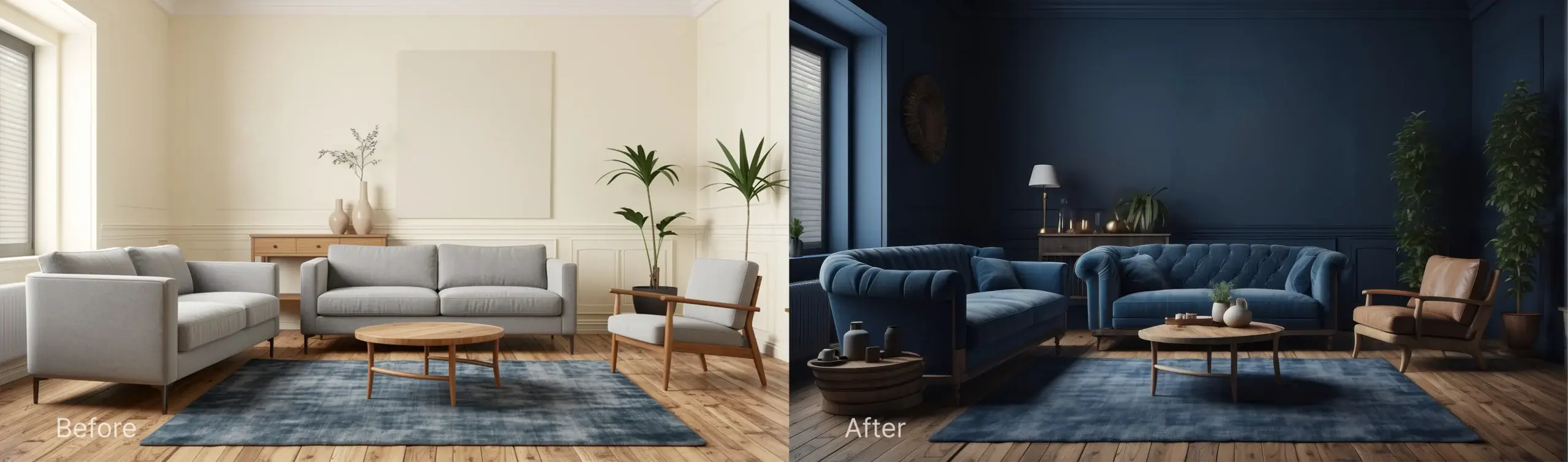 Before and after AI living room redesign showing a plain neutral room transformed into a dark navy Moody style with blue velvet sofa. AI-transformed using DecorAI