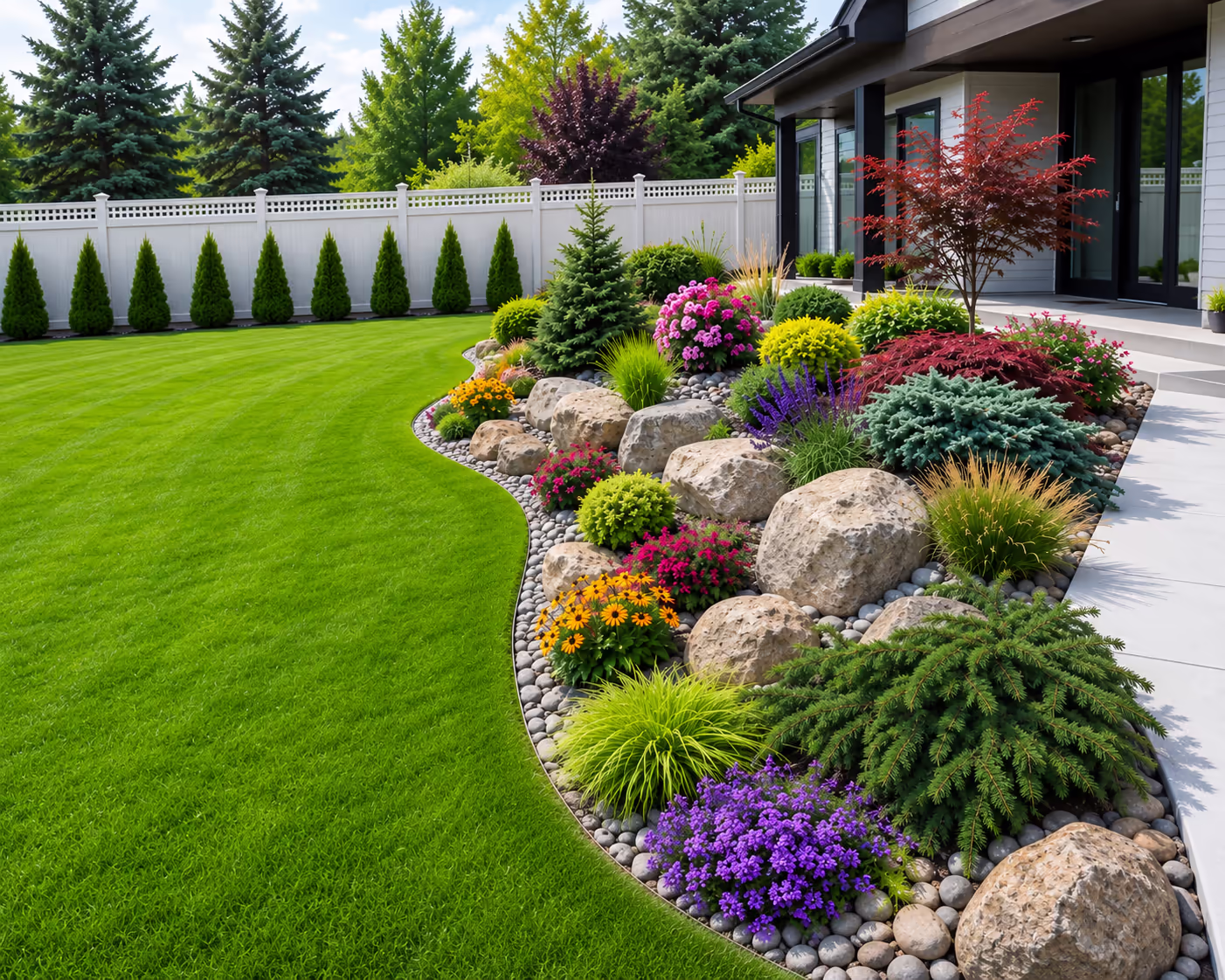 A garden with colorful plants and stones beside a green lawn