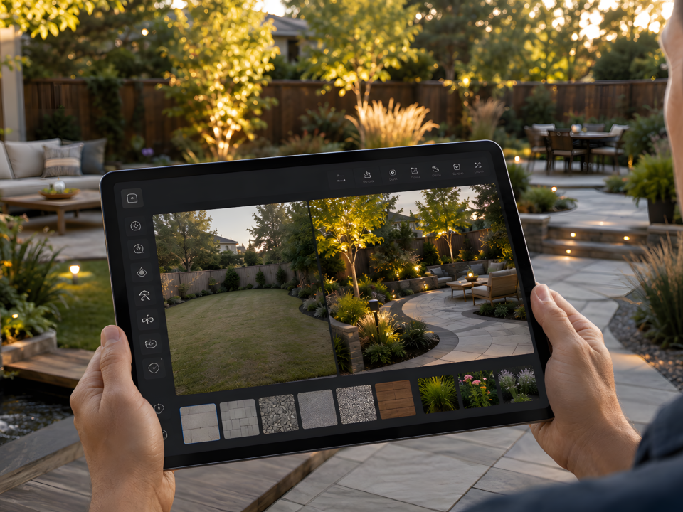 homeowner using AI landscape design software on a tablet to compare a backyard before and after redesign.