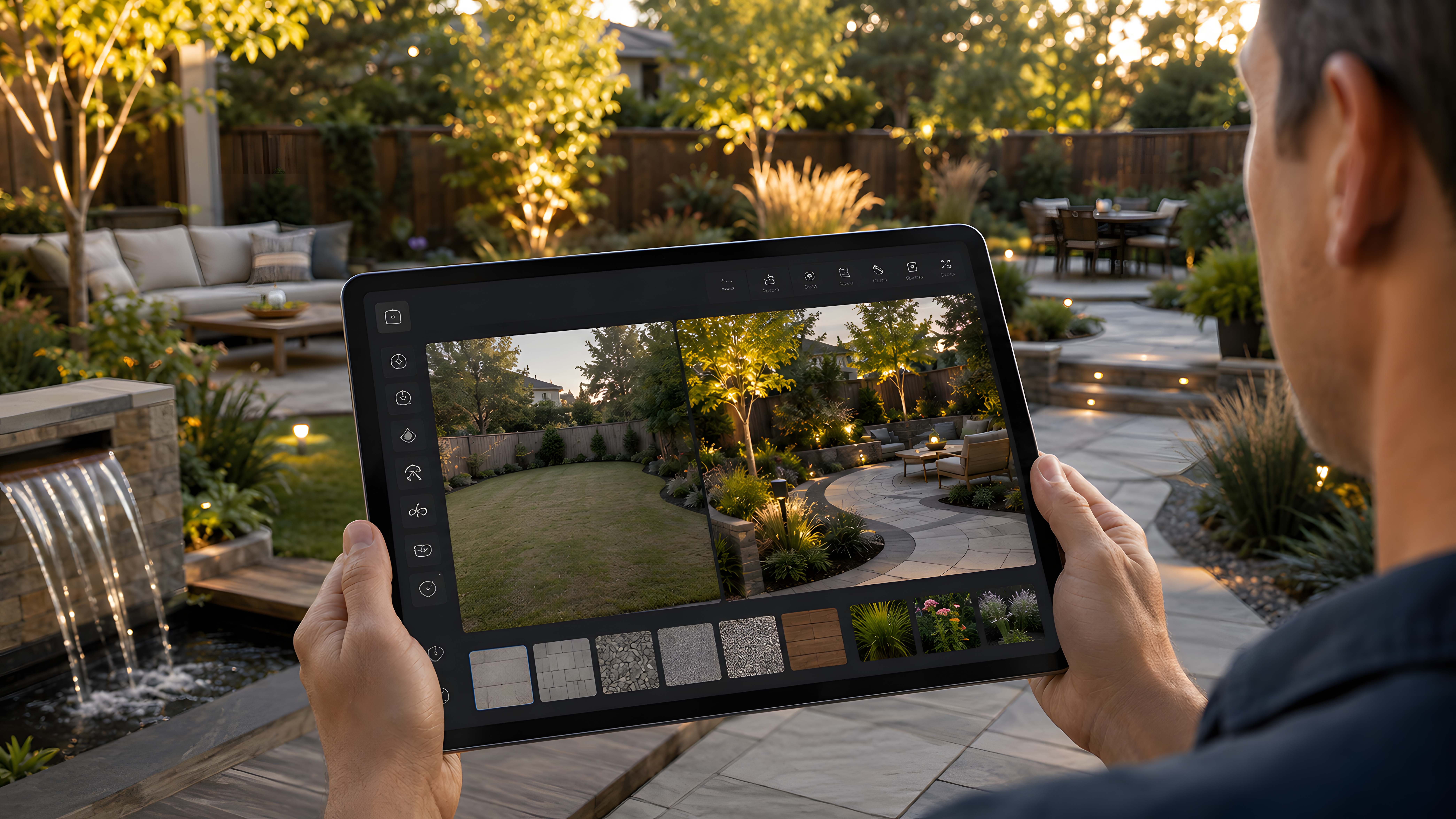 homeowner using AI landscape design software on a tablet to compare a backyard before and after redesign.