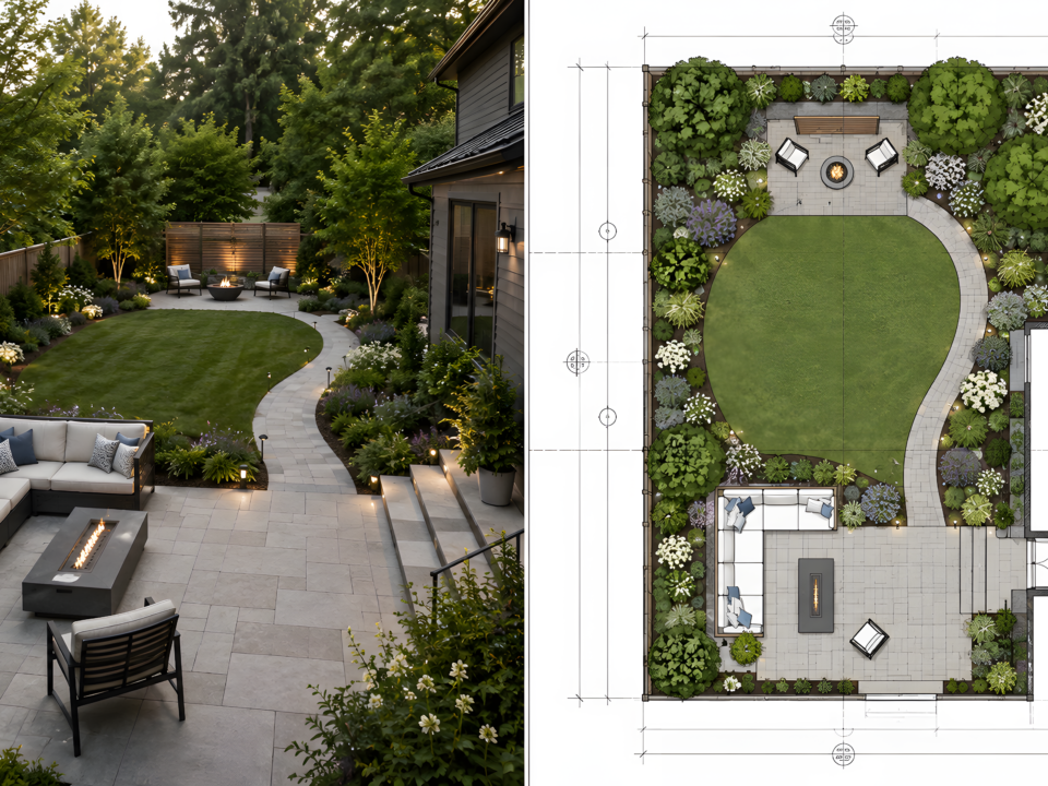 realistic ai backyard design beside a measured 2d landscape plan of the same yard