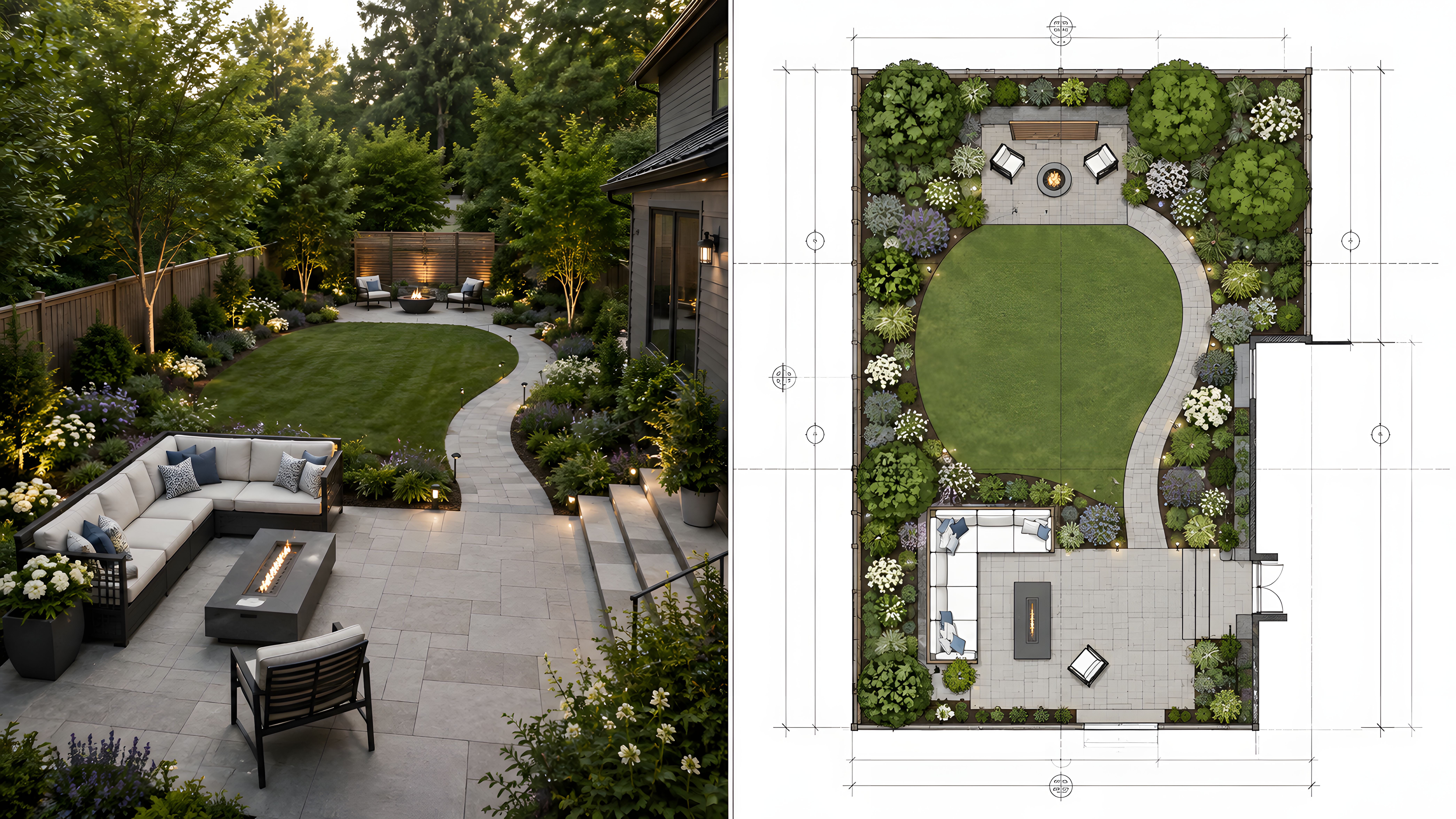 realistic ai backyard design beside a measured 2d landscape plan of the same yard