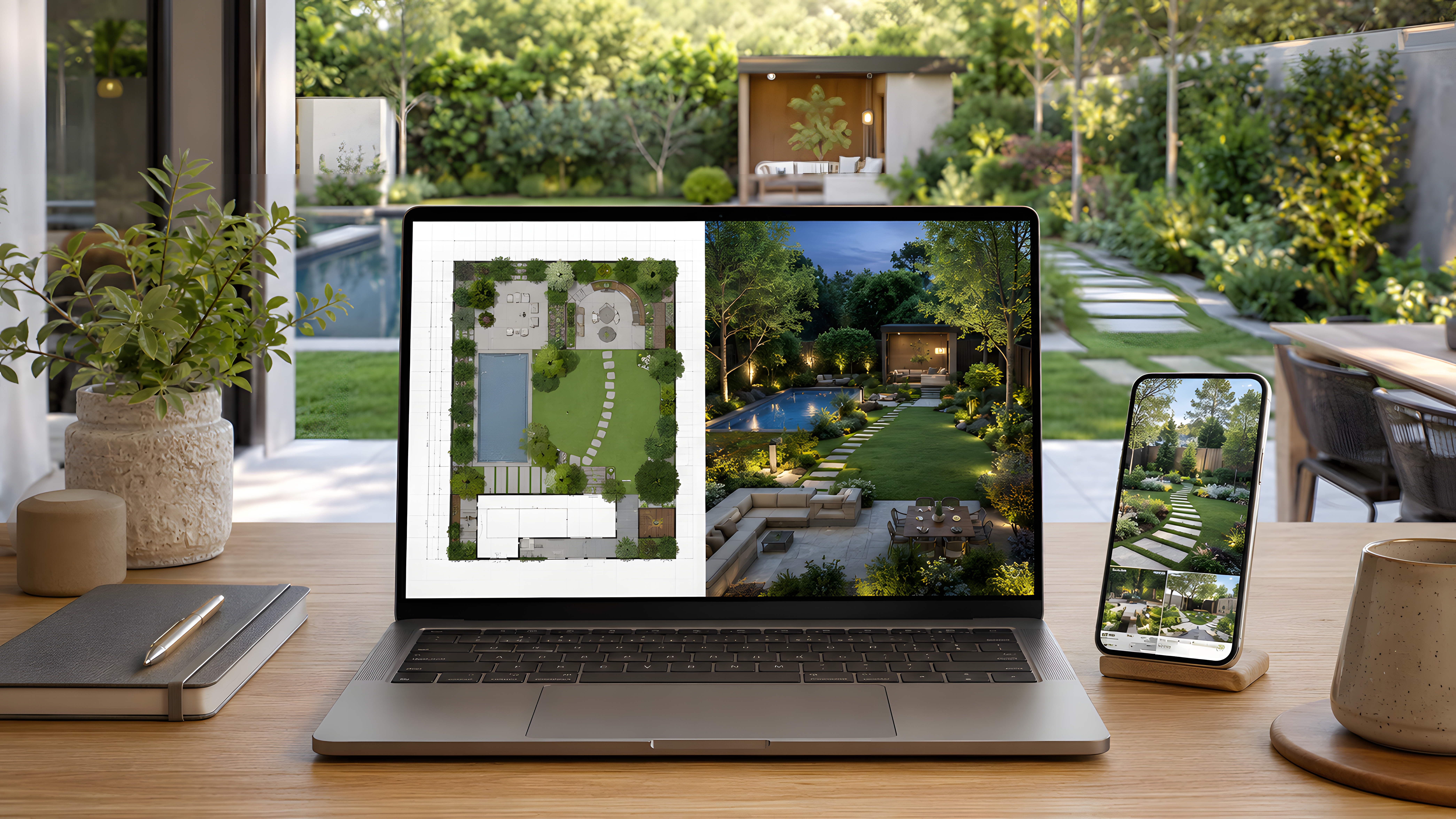 laptop showing 2d and 3d landscape design software with a mobile yard visualization