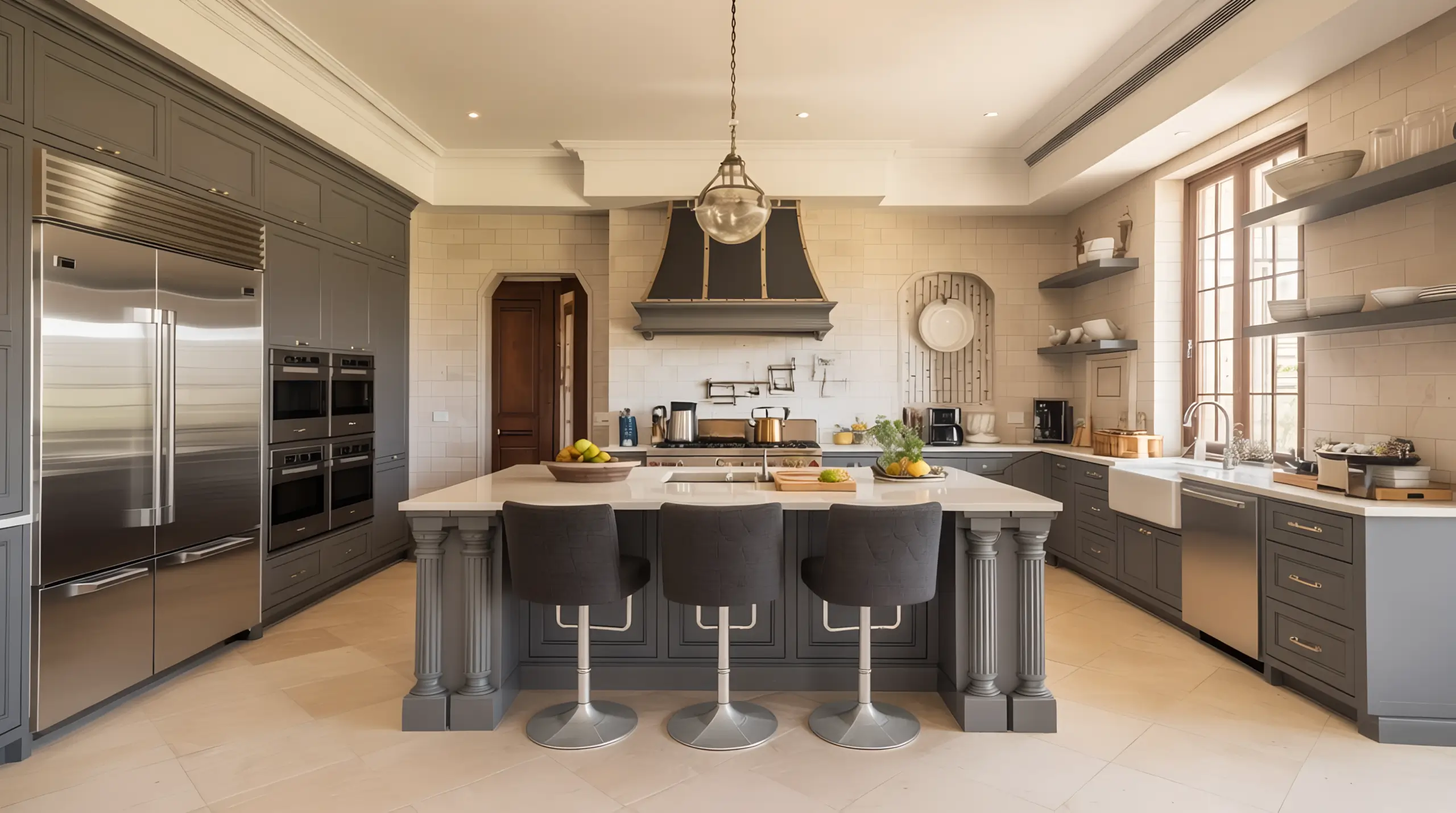 AI-generated open-plan kitchen with a central island, natural light, clear zones for cooking and dining
