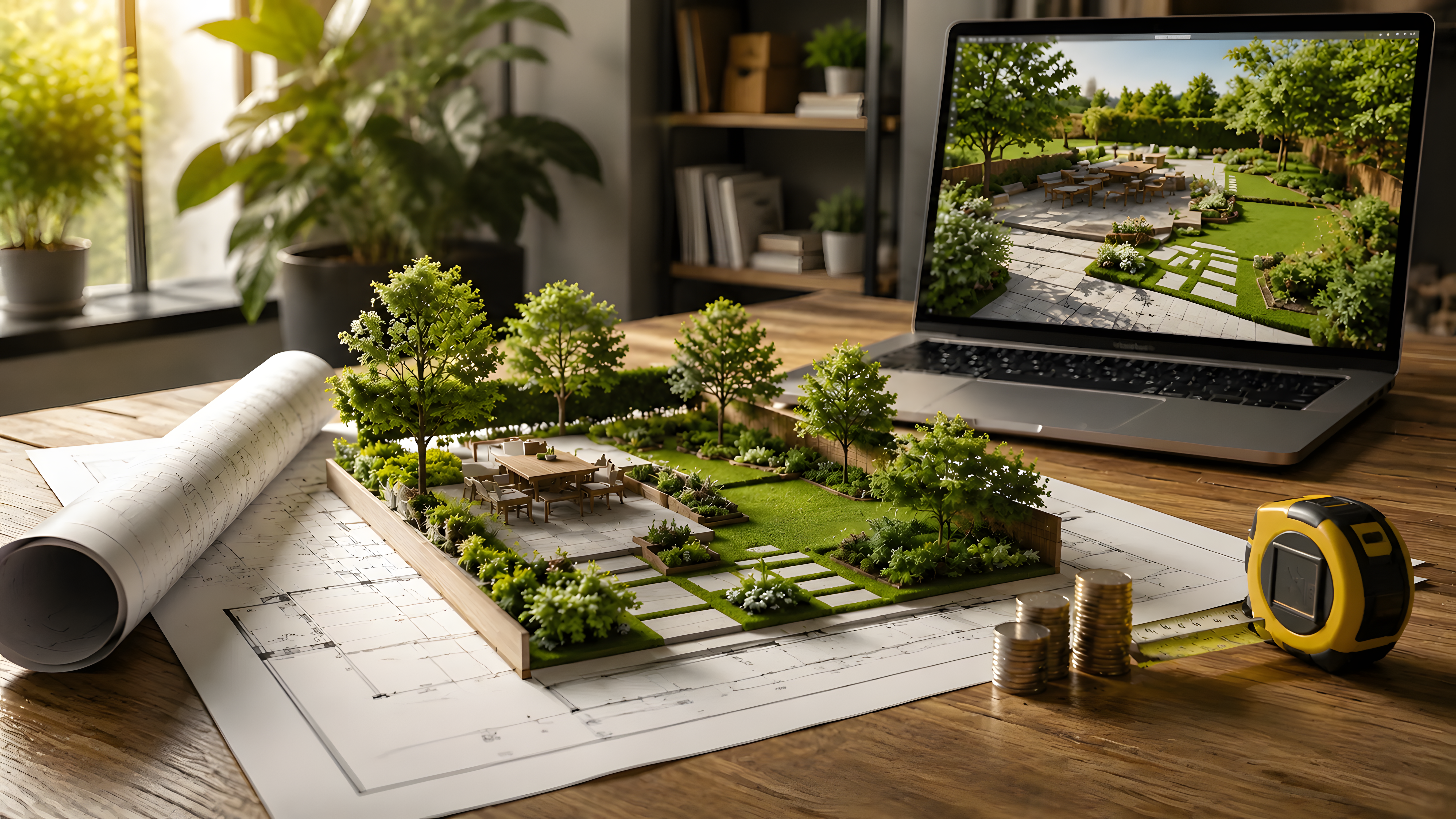 Landscape design cost planning with a miniature garden model, blueprints, laptop, measuring tape and coins.