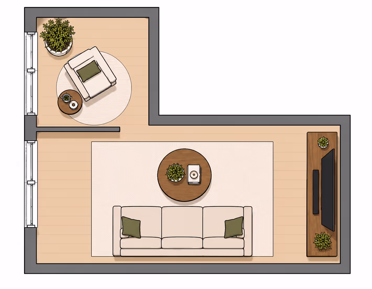 Top-down 2D floor plan of an L-shaped small living room with a sofa and TV in the main area, and a reading nook in the upper-left alcove with an armchair, side table, and window