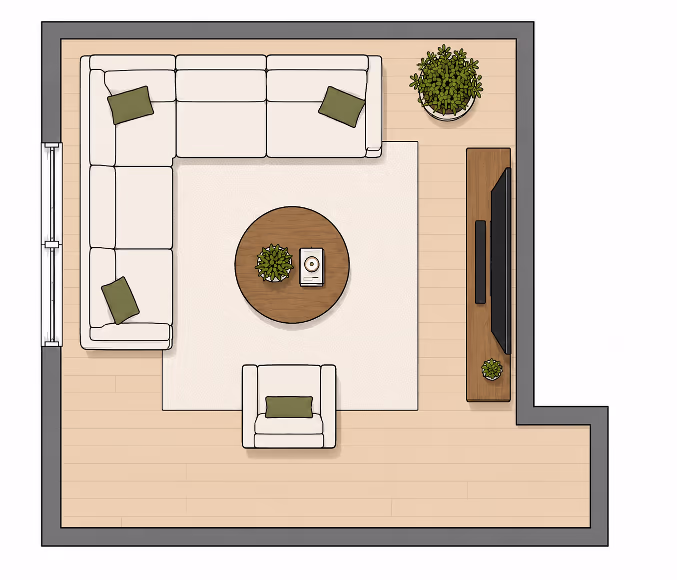 Top-down 2D floor plan of an irregularly shaped small living room with an L-shaped sectional wrapping the left and top walls, round coffee table on a central rug, armchair at the bottom, and TV console on the right wall 