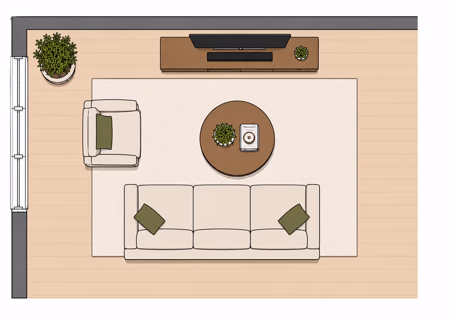 Top-down 2D floor plan of a small rectangular living room with a sofa on the bottom wall, one armchair on the left at a perpendicular angle, round coffee table in the center, and TV console on the top wall