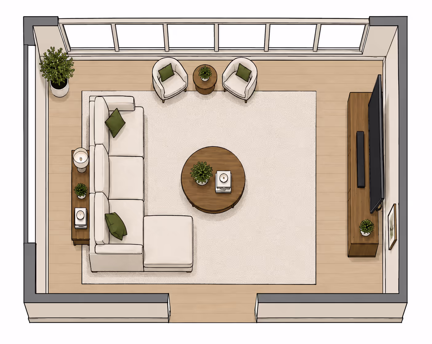 Top-down 2D floor plan of a small rectangular living room with an L-shaped sectional in the bottom-left corner, two armchairs at the top facing a TV console on the right wall, and a large round coffee table in the center