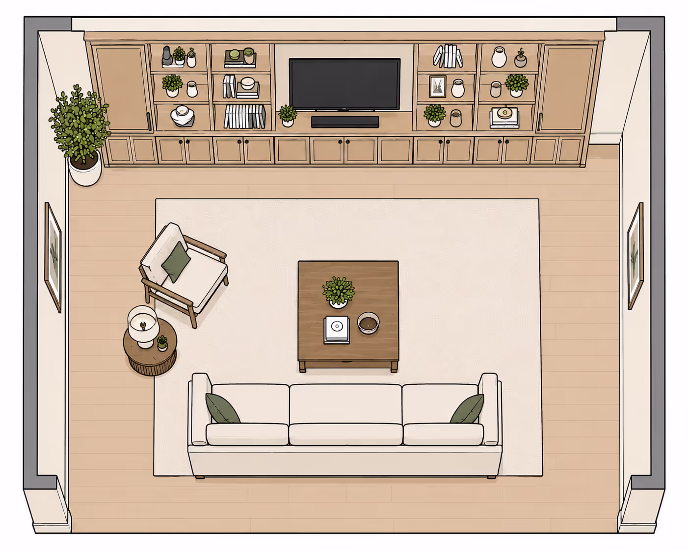 Top-down 2D floor plan of a small rectangular living room with a full-wall built-in entertainment unit on the top wall, sofa on the bottom wall, one angled armchair on the left, and rectangular coffee table on a central rug
