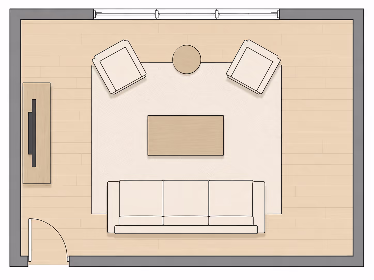 Top-down 2D floor plan of a small rectangular living room with a sofa on the bottom wall, two armchairs angled inward at the top near a large window, round side table between chairs, and TV console on the left wall