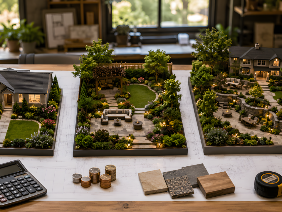 three landscape design models showing small, medium and large projects with blueprints, calculator, coins and material samples