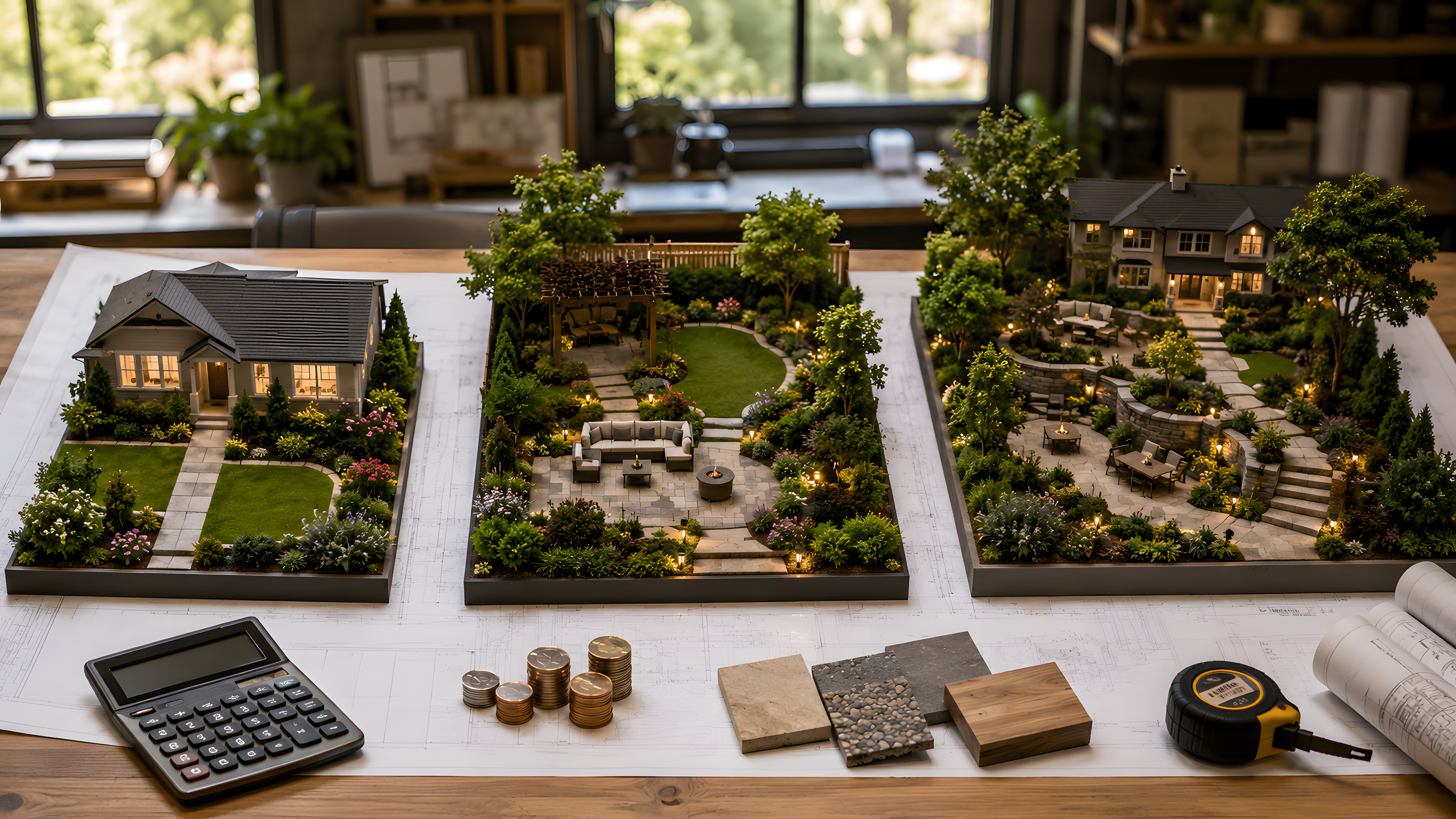 three landscape design models showing small, medium and large projects with blueprints, calculator, coins and material samples