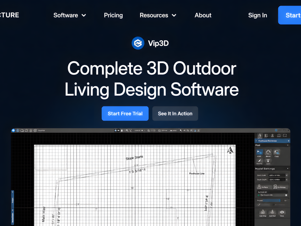 structure studios vip3d website showing professional 3d outdoor living design software