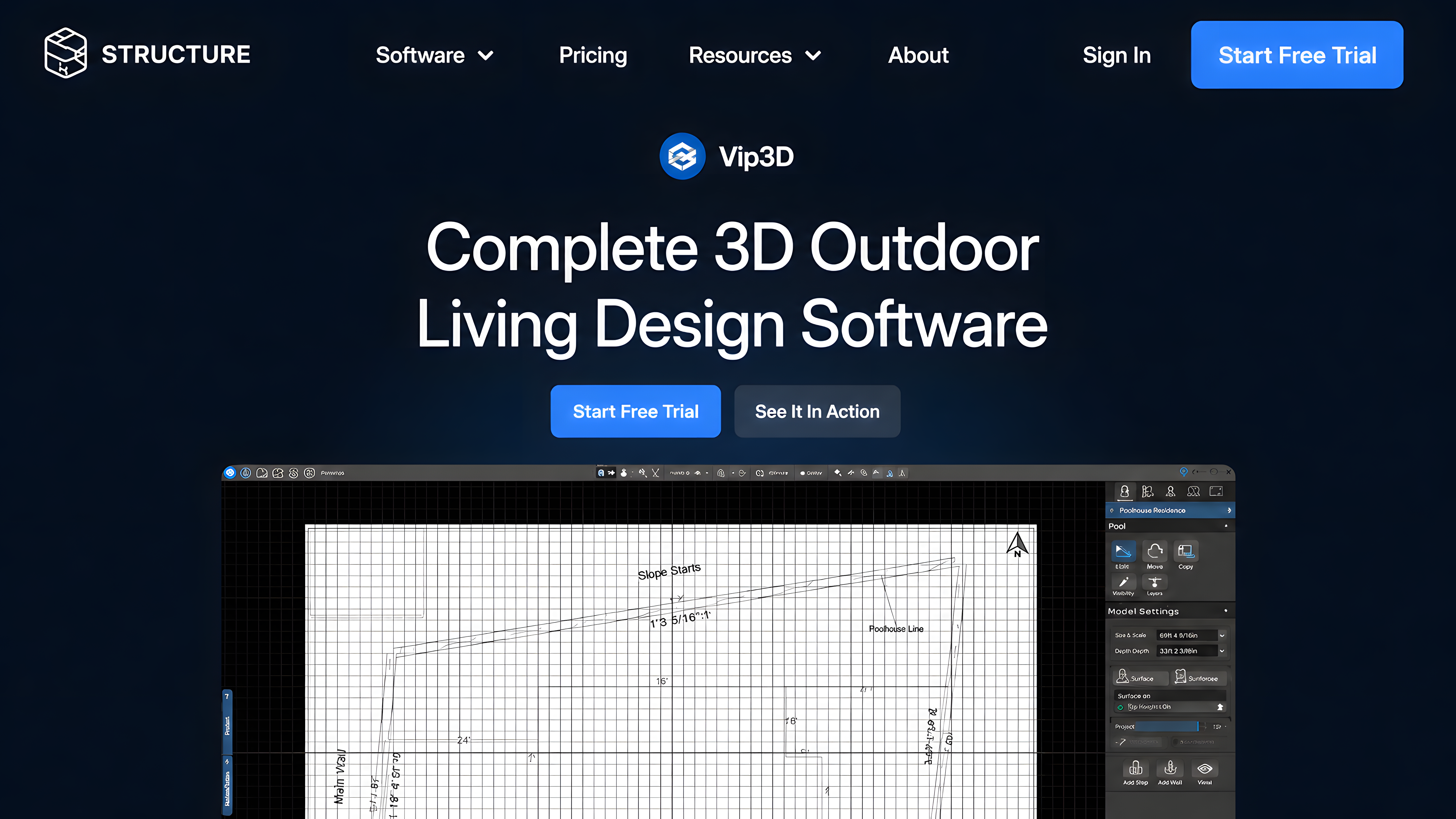 structure studios vip3d website showing professional 3d outdoor living design software